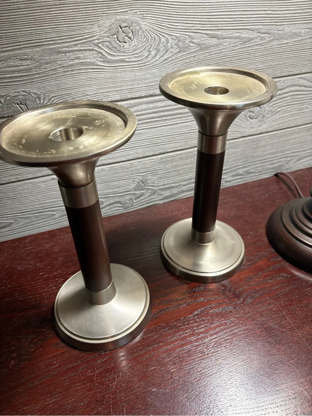 Modern Metal & Dark Wood Candlestick Pair 8”tall